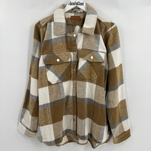 Umgee Plaid Shacket Flannel Button Up Fringe Sleeves Brown Women’s Size Medium - Picture 1 of 8